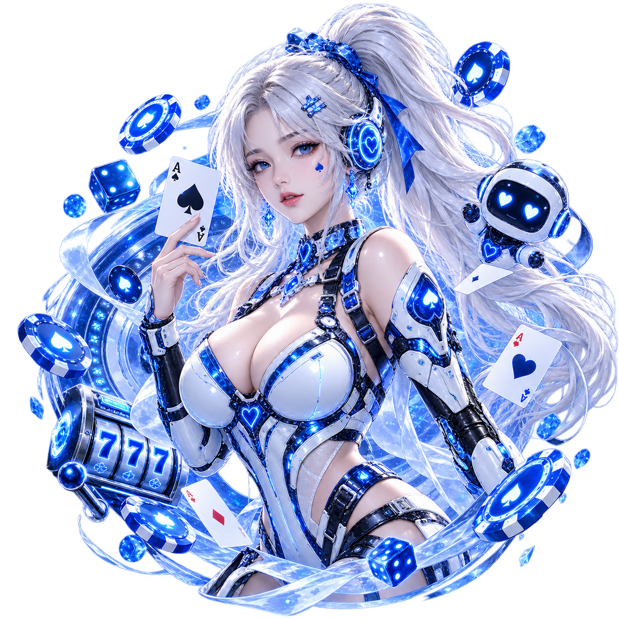 ตัวละครสาวไซเบอร์ fyp789 พร้อมไพ่ ชิปคาสิโน และเกมสล็อต ดีไซน์โทนสีฟ้าสำหรับประกอบเนื้อหาเกมออนไลน์